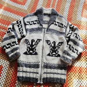 Vintage 50s 60s Hand Knit Cowichan Style Wool Sweater Eagle Thunderbird